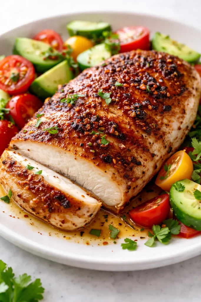 Golden brown Ranch Chicken Meal Prep pieces with creamy ranch coating, garnished with parsley and cherry tomatoes in a glass container.