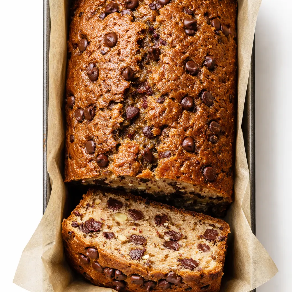 Ridiculously moist chocolate chip banana bread loaf sliced, revealing tender crumb and melted chocolate chips with golden brown crust.