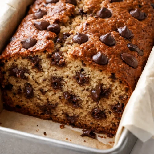 Ridiculously moist chocolate chip banana bread slice with golden brown crust, gooey chocolate chips, and tender crumb.