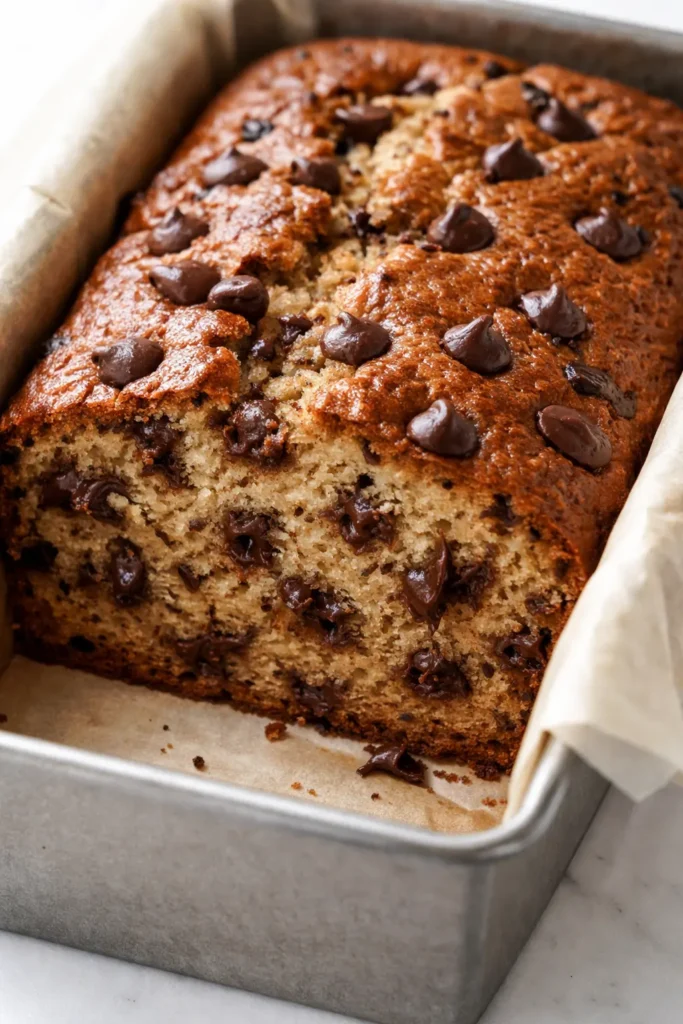 Ridiculously moist chocolate chip banana bread slice with golden brown crust, gooey chocolate chips, and tender crumb.