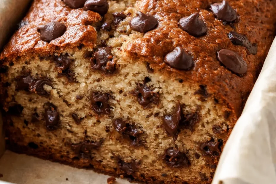 Ridiculously moist chocolate chip banana bread slice with golden brown crust, gooey chocolate chips, and tender crumb.