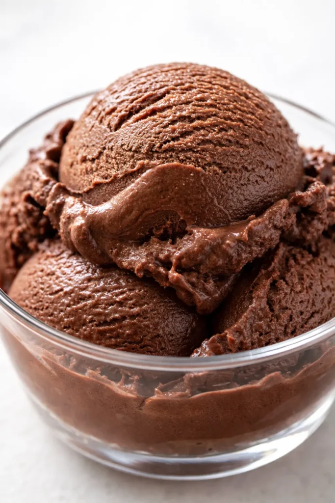 Silky homemade chocolate ice cream in a glass bowl, smooth and creamy texture, rich dark brown color.