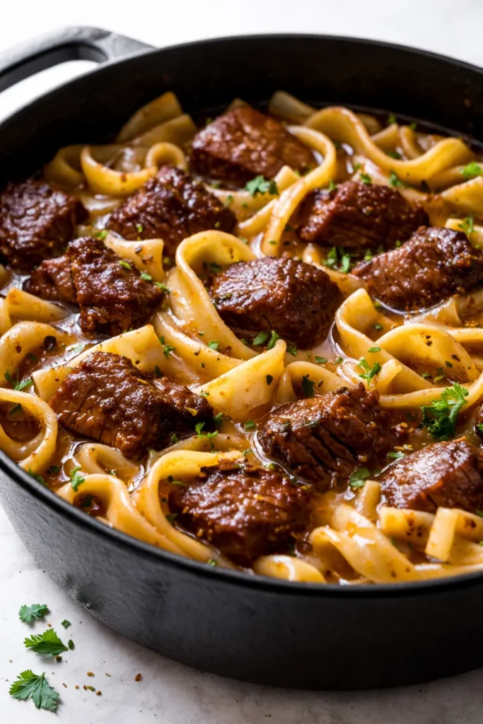 Bowl of slow-simmered beef and noodles with tender beef chunks, thick egg noodles, and rich brown broth garnished with fresh parsley