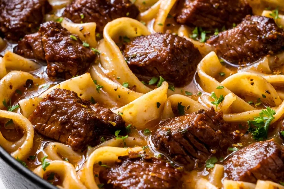 Bowl of slow-simmered beef and noodles with tender beef chunks, thick egg noodles, and rich brown broth garnished with fresh parsley