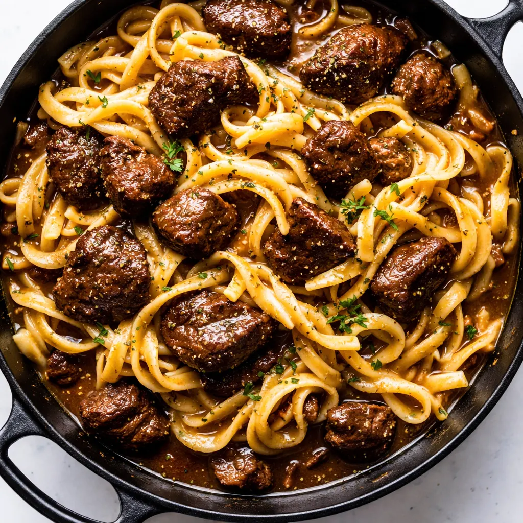 Slow-simmered beef and noodles in a rich, savory broth with tender meat and al dente pasta, garnished with fresh parsley.