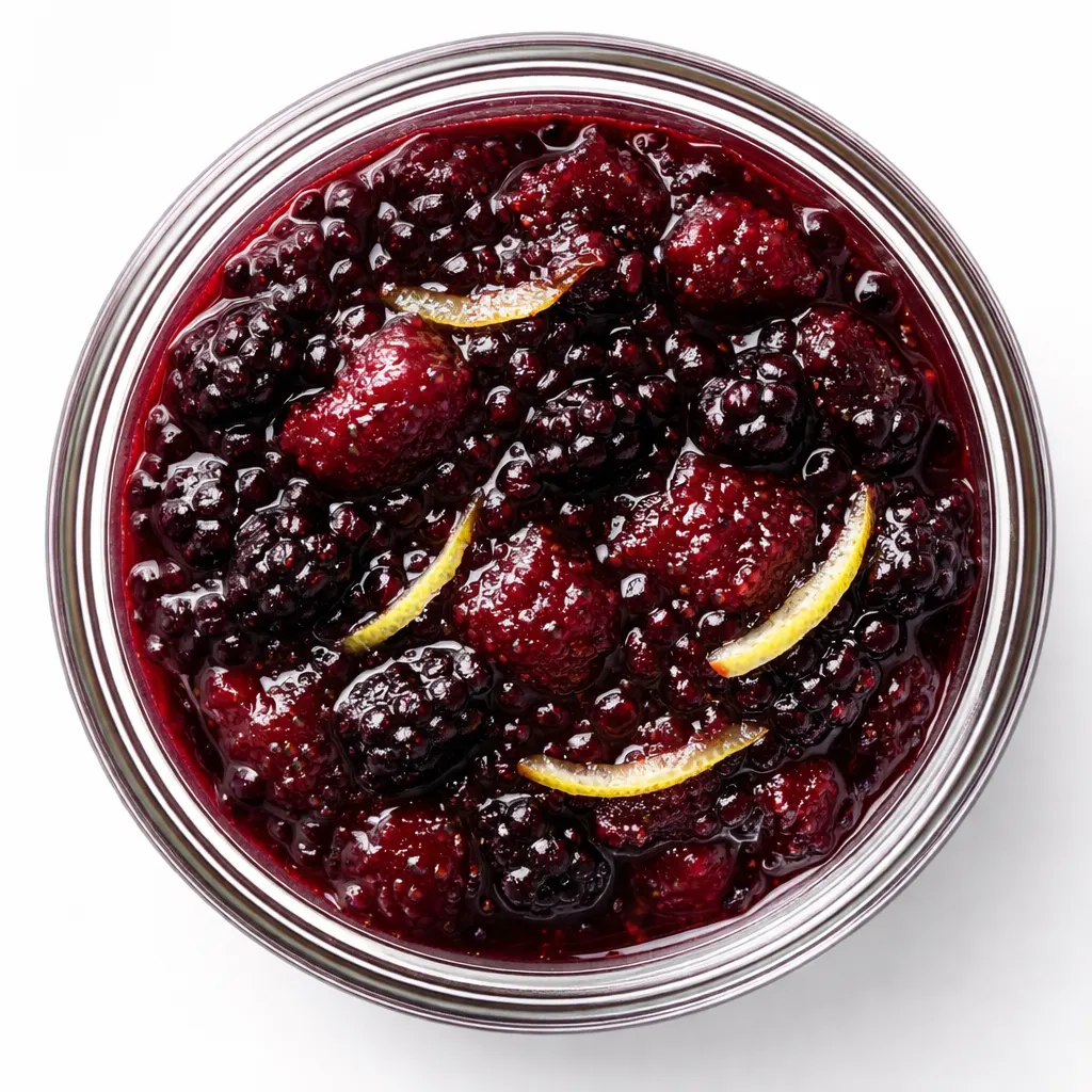 Simmering berries in a pot for small-batch summer berry jam with perfect set, deep ruby red and glossy bubbles at the surface.