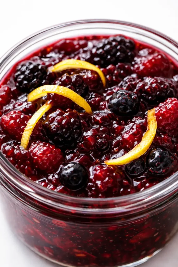 Small batch summer berry jam with perfect set, deep ruby red color, glossy texture, spoonful in a mason jar.