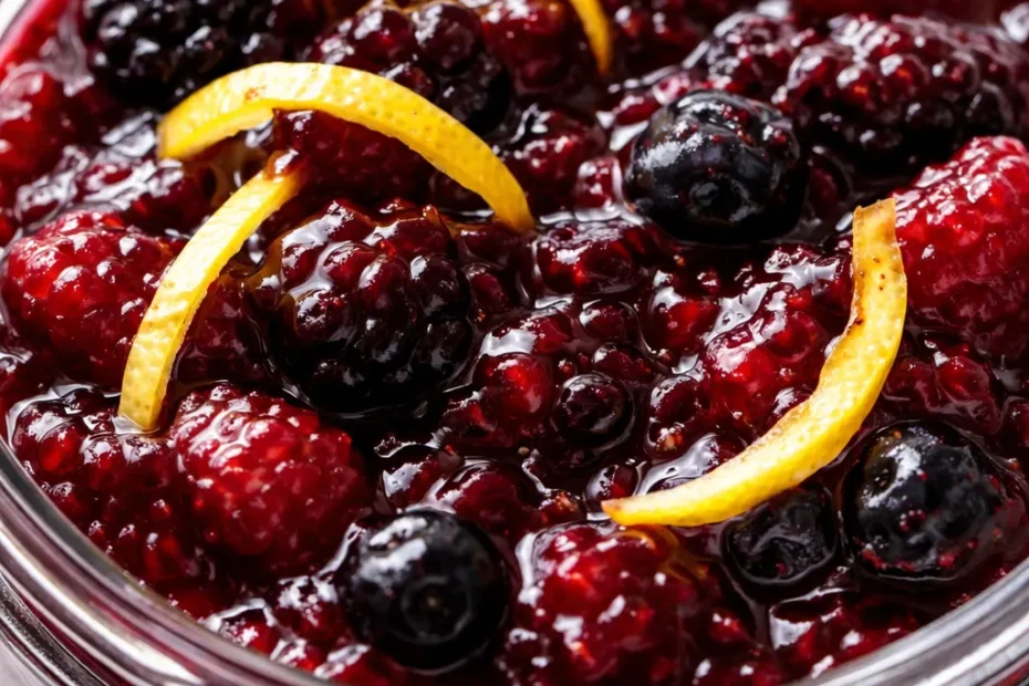 Small batch summer berry jam with perfect set, deep ruby red color, glossy texture, spoonful in a mason jar.