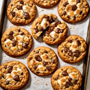 Gooey marshmallow and melted chocolate atop a toasted graham cracker cookie with golden, sticky edges.