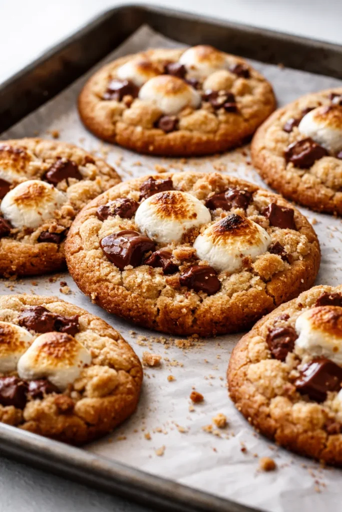 Gooey s'mores cookies with melted marshmallow, chocolate chunks, and golden brown edges on a rustic plate.