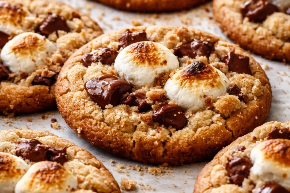 Gooey s'mores cookies with melted marshmallow, chocolate chunks, and golden brown edges on a rustic plate.