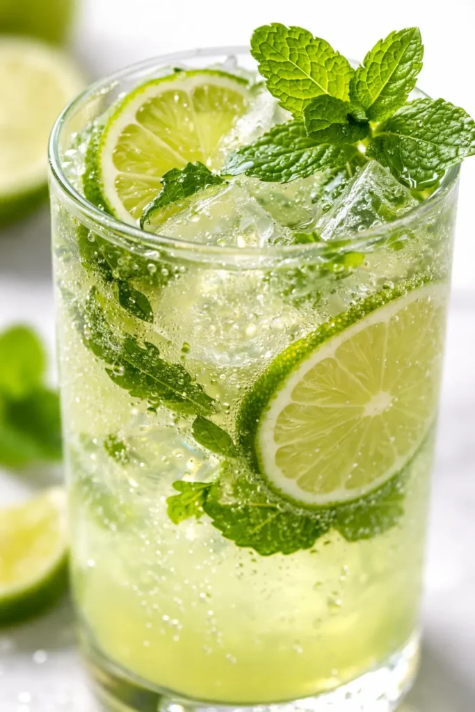 Cold refreshing sparkling lime mint punch with vibrant green mint leaves, lime slices, and effervescent bubbles in a tall glass.