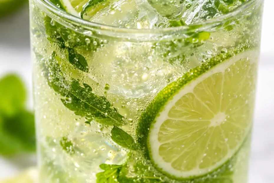 Cold refreshing sparkling lime mint punch with vibrant green mint leaves, lime slices, and effervescent bubbles in a tall glass.