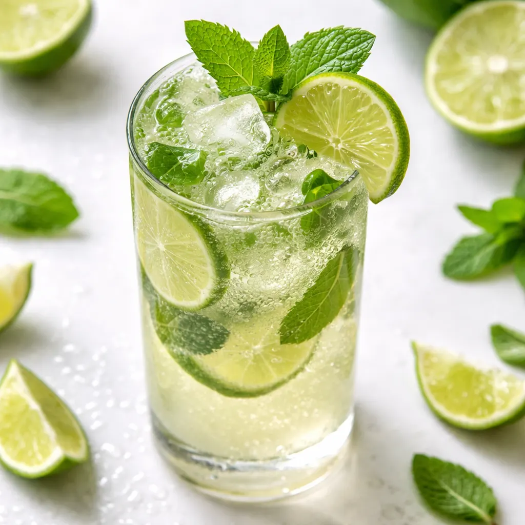 Adding fresh mint leaves and lime slices to a pitcher of sparkling lime mint punch, with effervescent bubbles and bright green color.