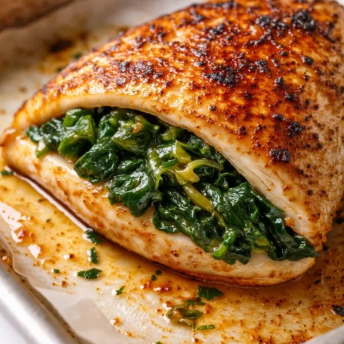Golden-brown spinach stuffed chicken breast with creamy filling, resting on a white plate, showing no leaks.