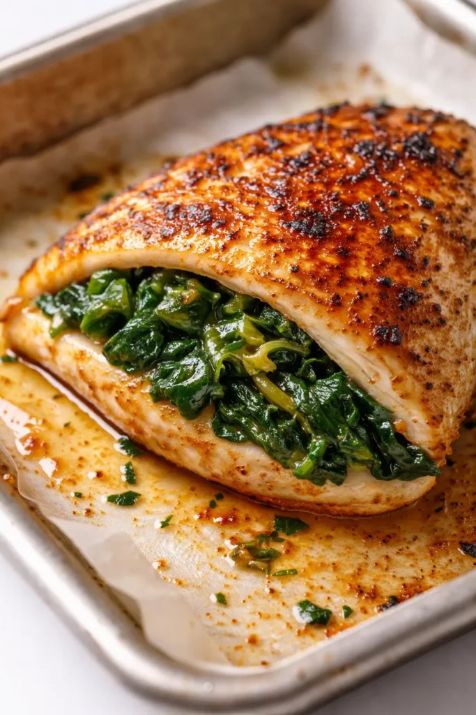 Golden-brown spinach stuffed chicken breast with creamy filling, resting on a white plate, showing no leaks.