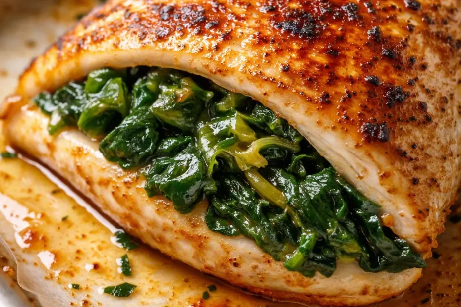 Golden-brown spinach stuffed chicken breast with creamy filling, resting on a white plate, showing no leaks.