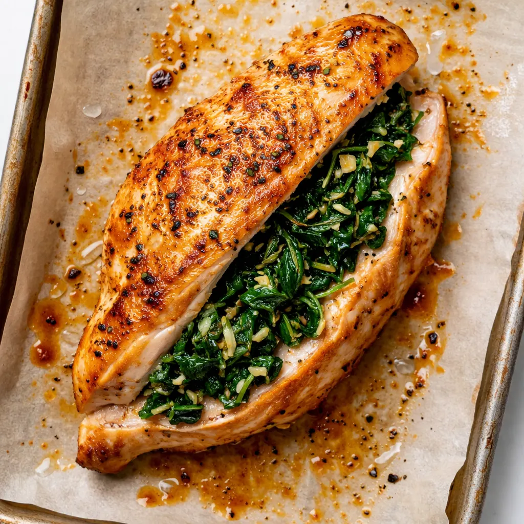 Close-up of a raw chicken breast being filled with a creamy spinach mixture, ensuring even distribution and a moist interior.