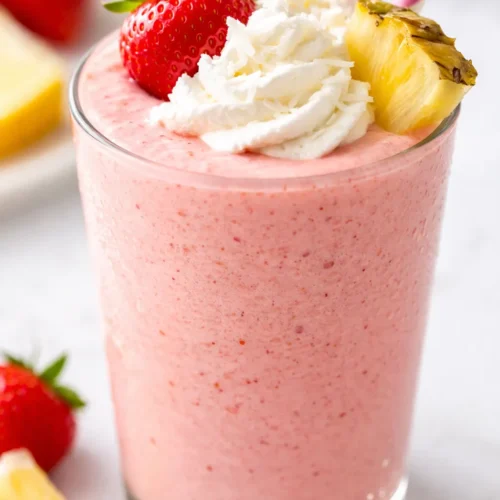 A tall glass filled with a vibrant pink strawberry pina colada, topped with fresh strawberry slices and a pineapple wedge, creamy and frosty.