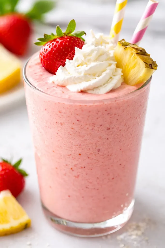 A tall glass filled with a vibrant pink strawberry pina colada, topped with fresh strawberry slices and a pineapple wedge, creamy and frosty.