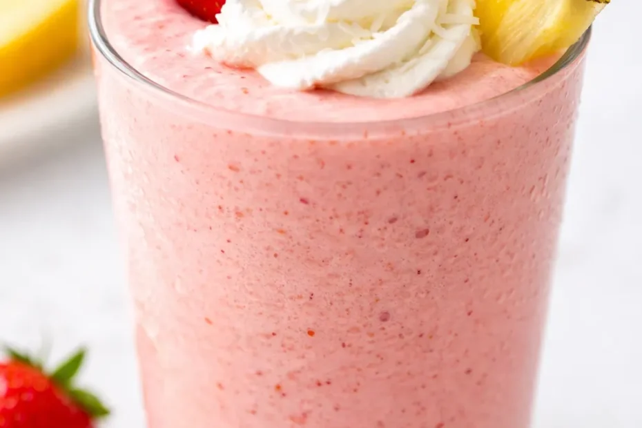 A tall glass filled with a vibrant pink strawberry pina colada, topped with fresh strawberry slices and a pineapple wedge, creamy and frosty.
