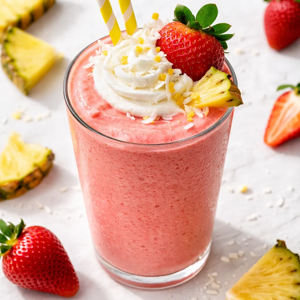 Fresh strawberries and creamy coconut blend into a smooth, frothy pink pina colada with ice and a strawberry garnish