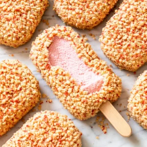 Spooning creamy strawberry ice cream base over a crunchy shortcake cookie layer to create no-churn strawberry shortcake ice cream bars.