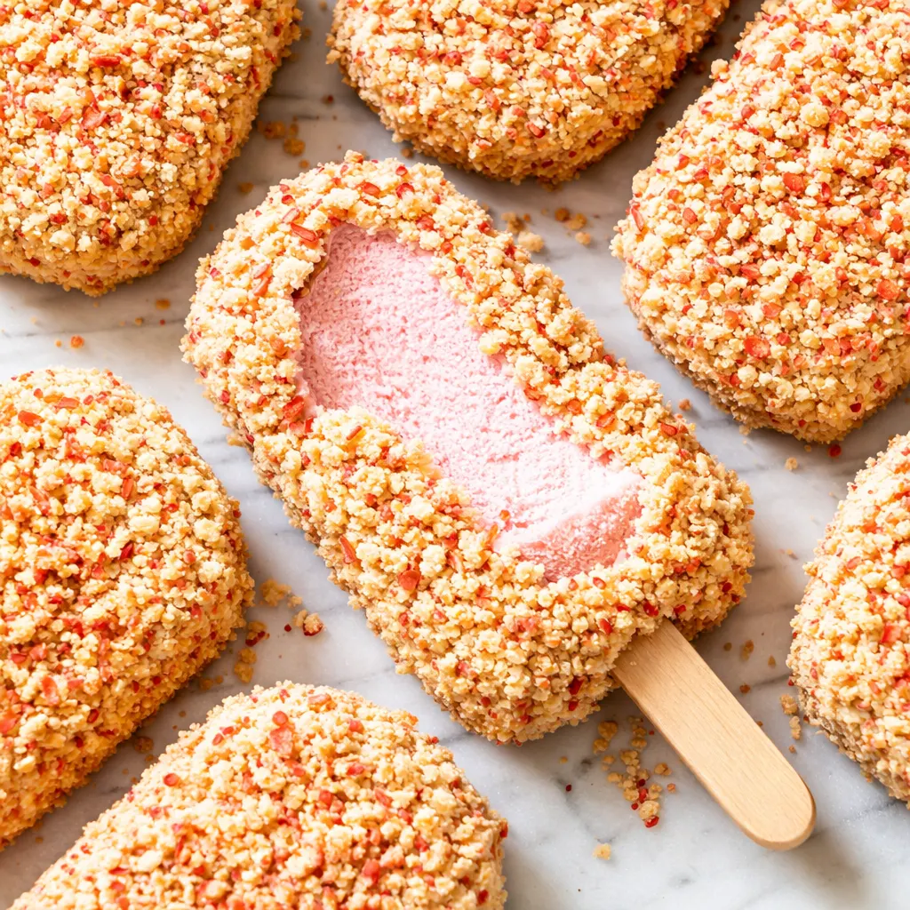 Spooning creamy strawberry ice cream base over a crunchy shortcake cookie layer to create no-churn strawberry shortcake ice cream bars.