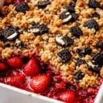 Golden crumble topping with fresh strawberries and whipped cream, the surprise Oreo cookies inside this strawberry shortcake crumble.