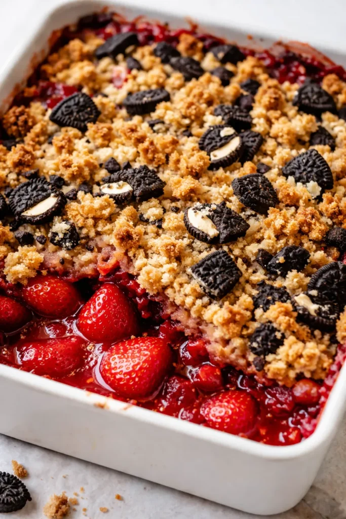 Golden crumble topping with fresh strawberries and whipped cream, the surprise Oreo cookies inside this strawberry shortcake crumble.
