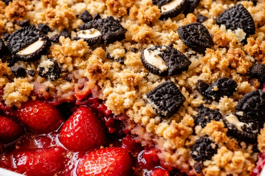 Golden crumble topping with fresh strawberries and whipped cream, the surprise Oreo cookies inside this strawberry shortcake crumble.