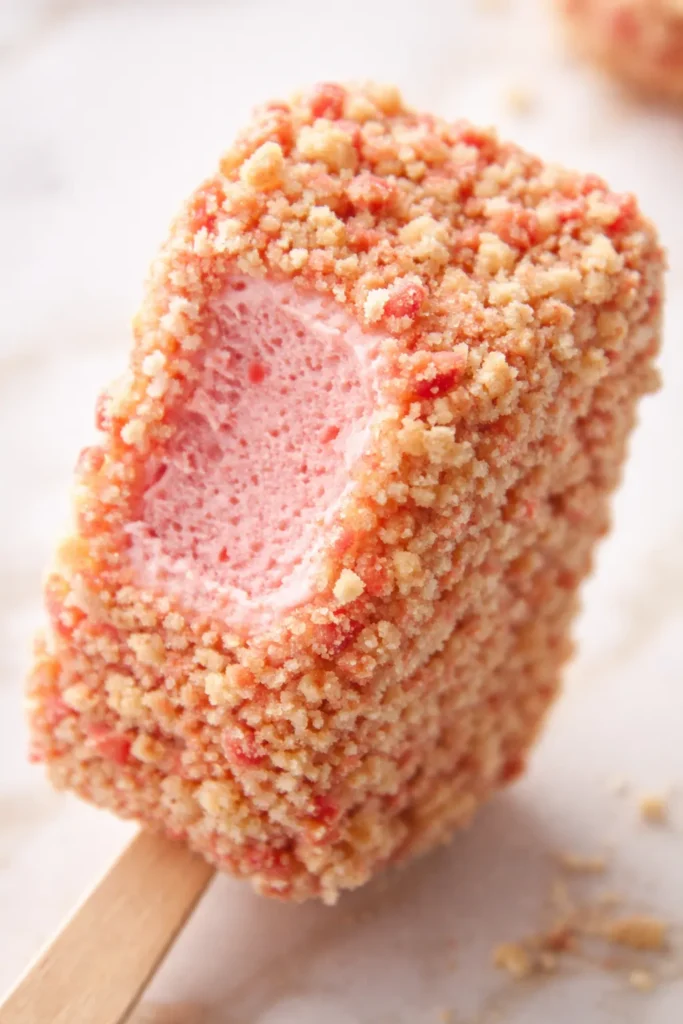 No-churn strawberry shortcake ice cream bars with creamy vanilla base, crunchy biscuit coating, and fresh strawberry slices.