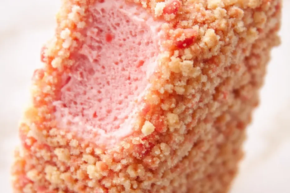 No-churn strawberry shortcake ice cream bars with creamy vanilla base, crunchy biscuit coating, and fresh strawberry slices.