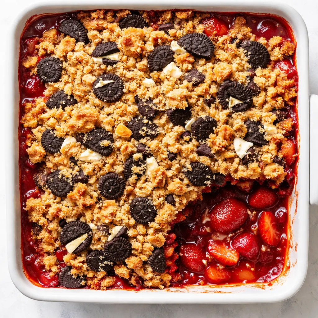 Crushed Oreo cookies and diced strawberries create a chunky crumble topping for strawberry shortcake.