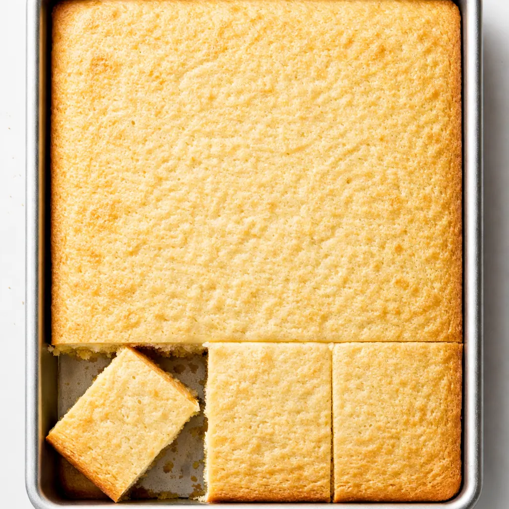 Buttermilk batter for strawberry shortcake sheet cake poured into a greased baking pan, promising a tender and moist crumb.