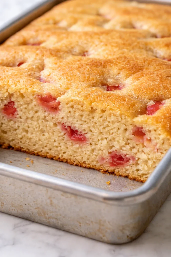 Moist buttermilk strawberry shortcake sheet cake with fresh strawberries and whipped cream