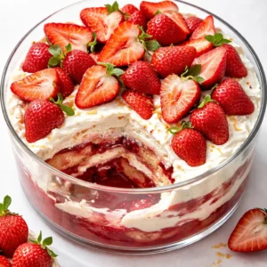 Layers of strawberry tiramisu with creamy lemon mascarpone and fresh strawberries in a glass dish, showing the no-bake assembly.