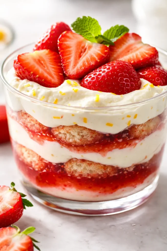 Layered strawberry tiramisu with lemon mascarpone cream, light and creamy, with fresh strawberry slices and lemon zest on top.
