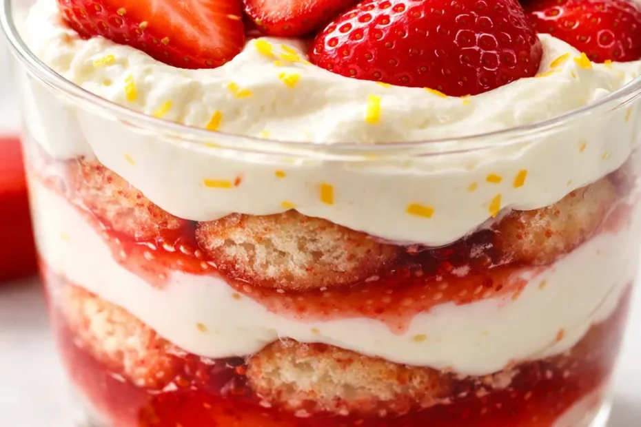 Layered strawberry tiramisu with lemon mascarpone cream, light and creamy, with fresh strawberry slices and lemon zest on top.
