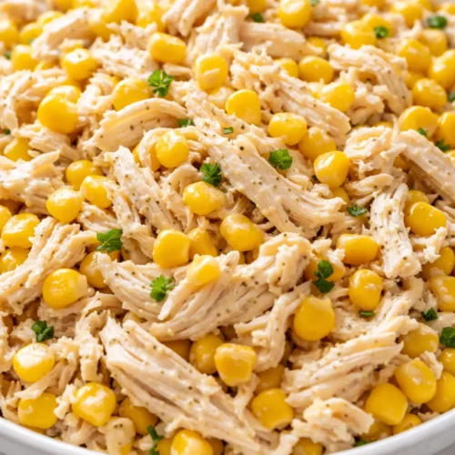 Street corn creamy cucumber chicken salad with juicy chicken, crisp cucumber, and sweet corn in a creamy dressing.