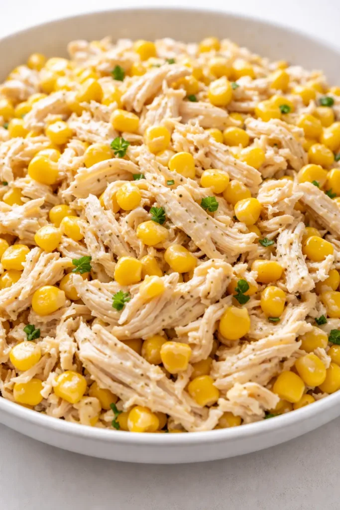 Street corn creamy cucumber chicken salad with juicy chicken, crisp cucumber, and sweet corn in a creamy dressing.