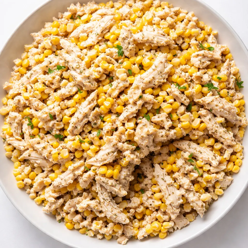 Creamy dressing coats shredded chicken, sweet corn, and crisp cucumber pieces in a bowl for a quick no-oven street corn chicken salad.