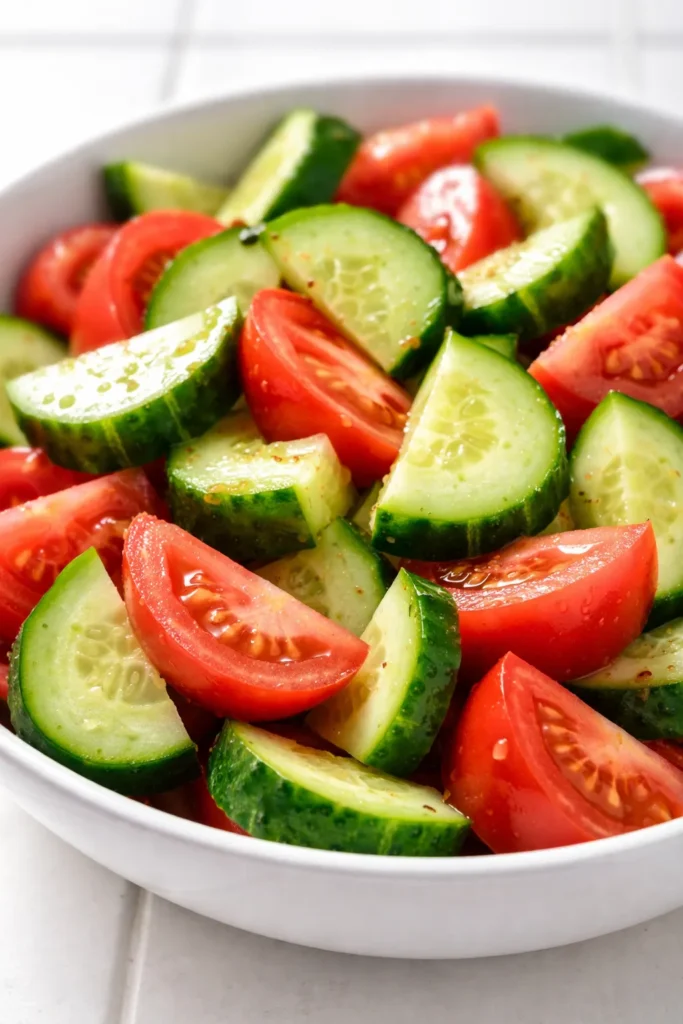 Summer cucumber and tomato salad with crisp texture, red onion, and basil in a white bowl.