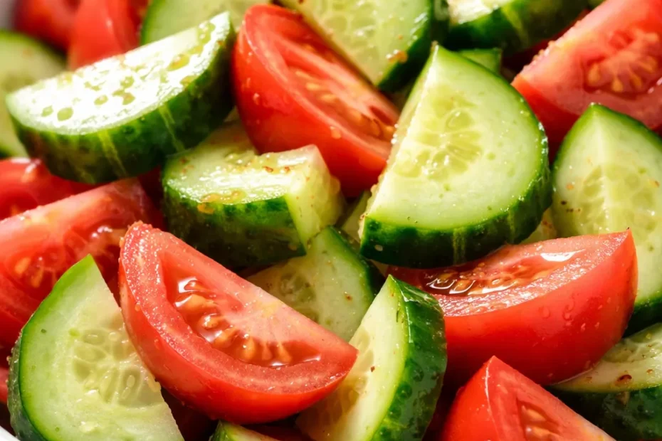 Summer cucumber and tomato salad with crisp texture, red onion, and basil in a white bowl.