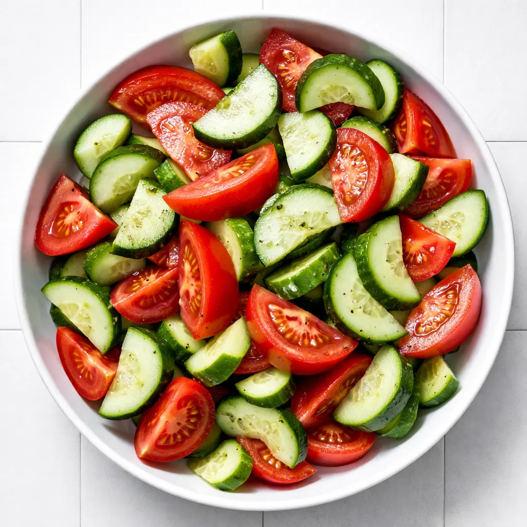 Fresh cucumber slices and halved cherry tomatoes in a bowl with light vinaigrette, crisp vegetables for a summer salad.