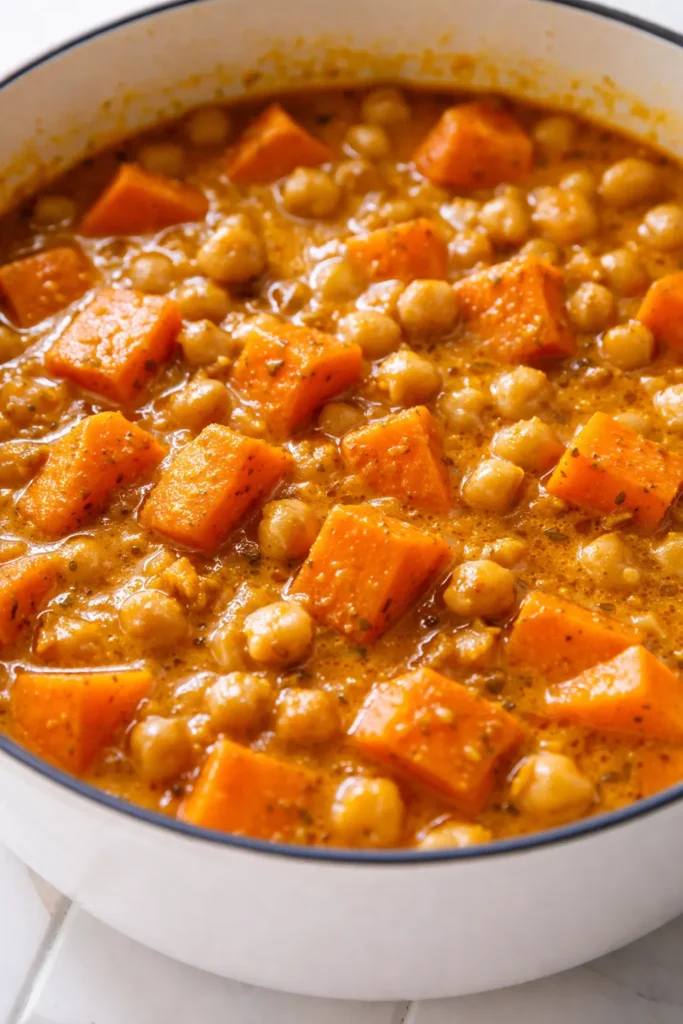 Vibrant orange sweet potato chunks and tender chickpeas in a creamy spiced coconut curry sauce, garnished with fresh cilantro.