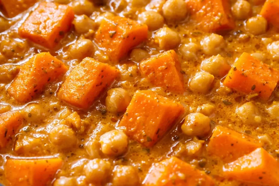 Vibrant orange sweet potato chunks and tender chickpeas in a creamy spiced coconut curry sauce, garnished with fresh cilantro.