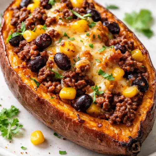 Golden roasted sweet potato halves loaded with seasoned taco meat, melted cheese, black beans, and fresh cilantro on a sheet pan.