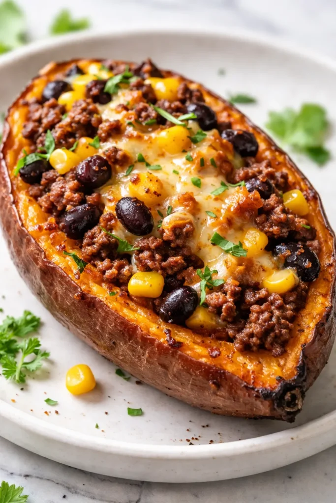 Golden roasted sweet potato halves loaded with seasoned taco meat, melted cheese, black beans, and fresh cilantro on a sheet pan.