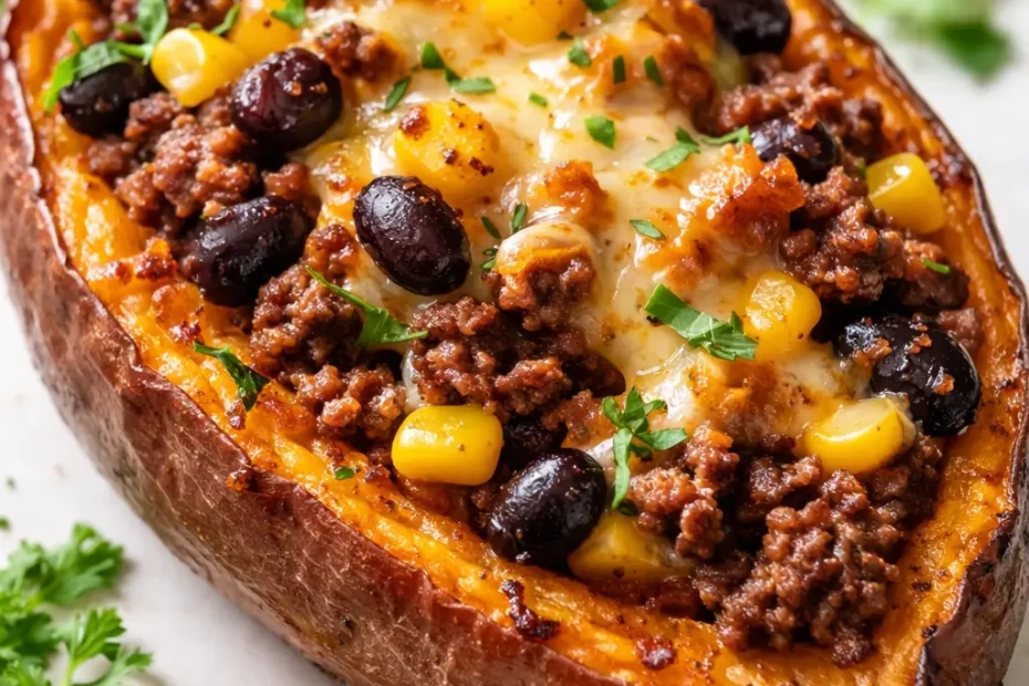 Golden roasted sweet potato halves loaded with seasoned taco meat, melted cheese, black beans, and fresh cilantro on a sheet pan.